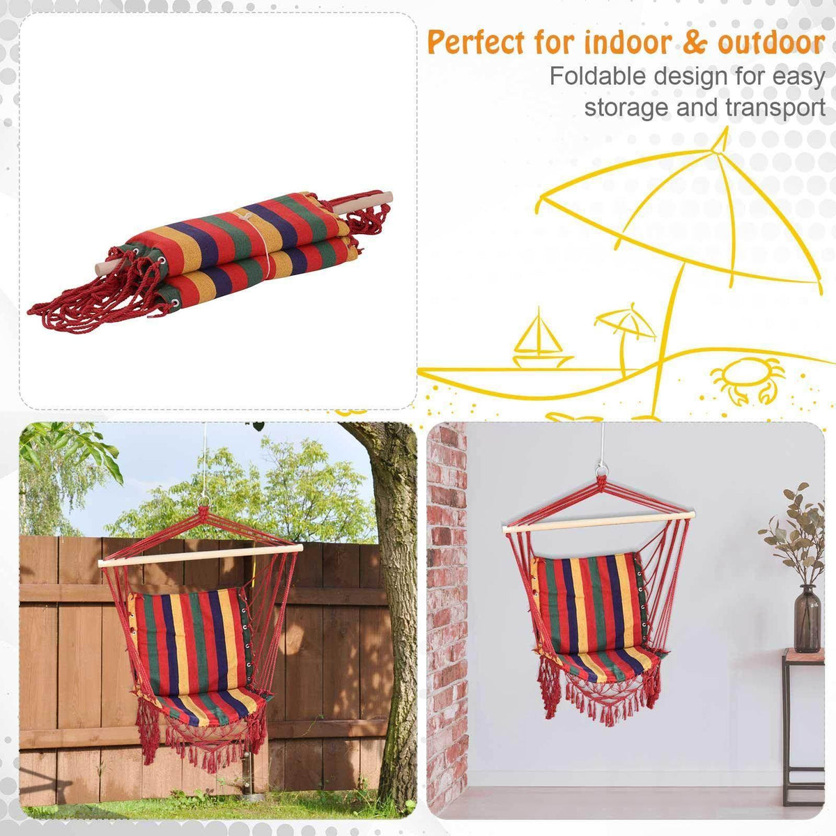 Folded hammock chair with multicolor striped fabric roll-up and red fringe tassels.