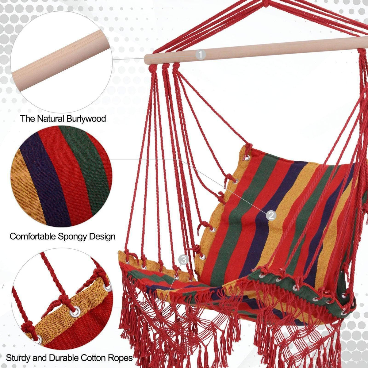 Striped hanging hammock chair seat with red cotton ropes and natural light wood spreader.