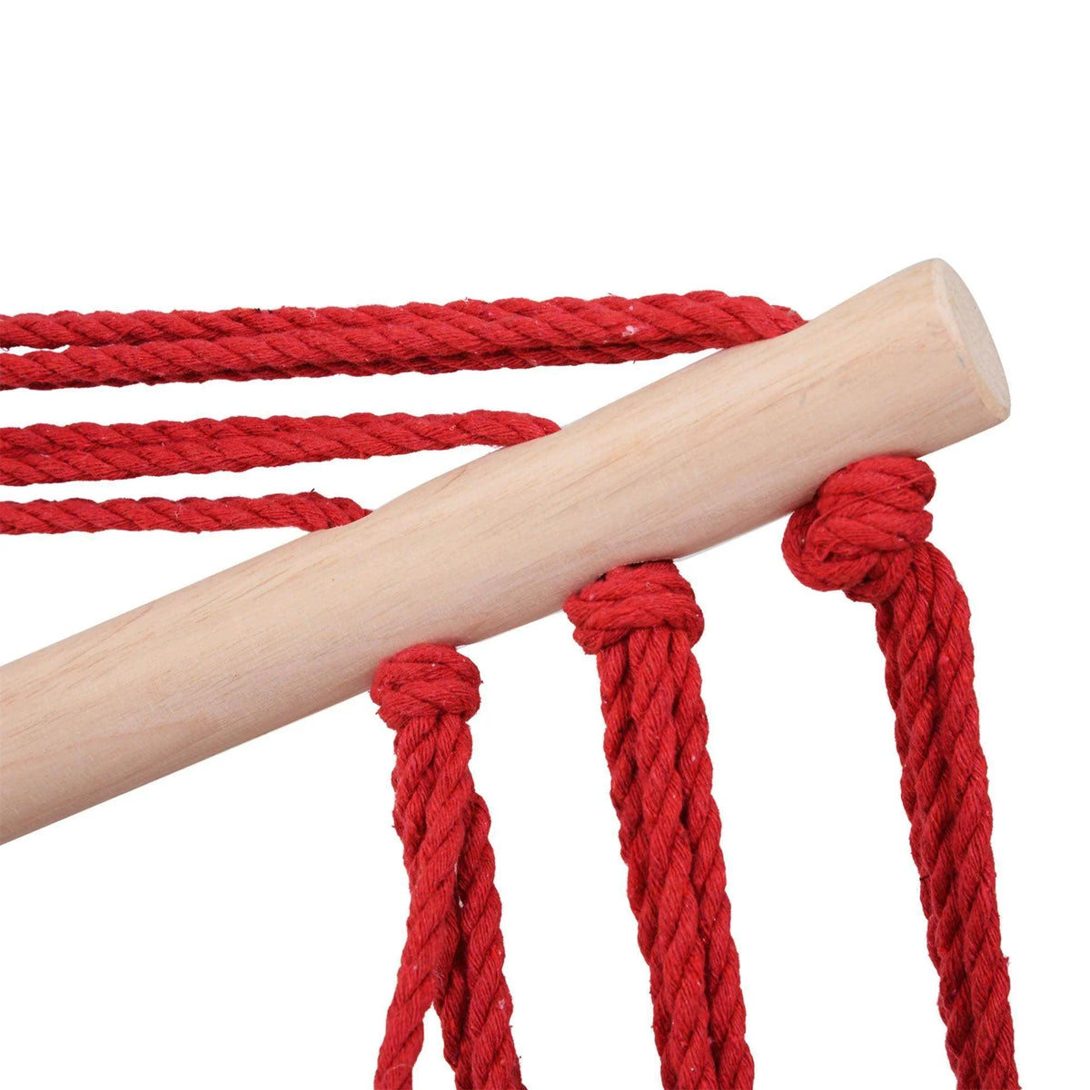 Close-up of red braided support rope knots and natural wood spreader bar.