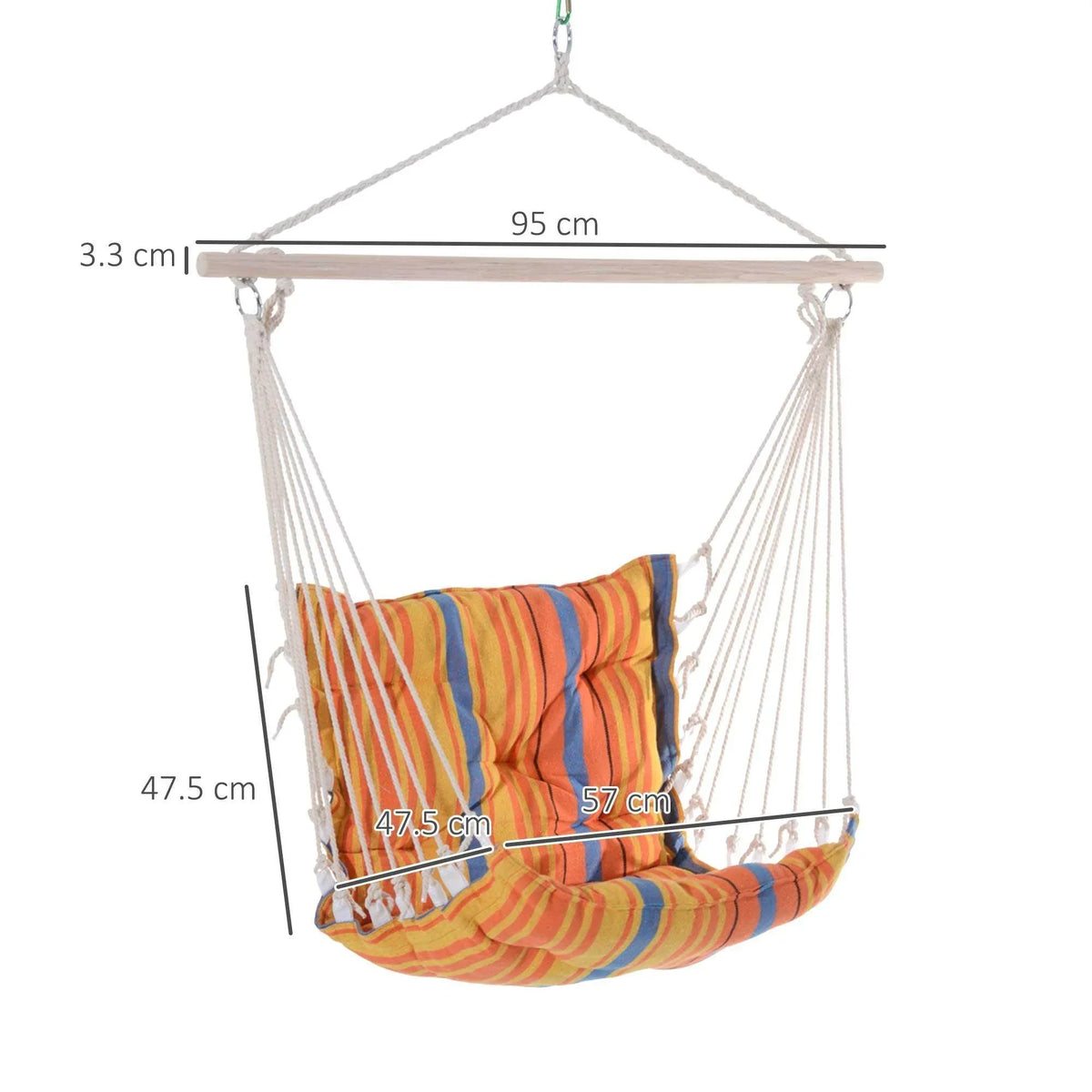 Orange striped hanging hammock chair with cushioned back and seat, size view