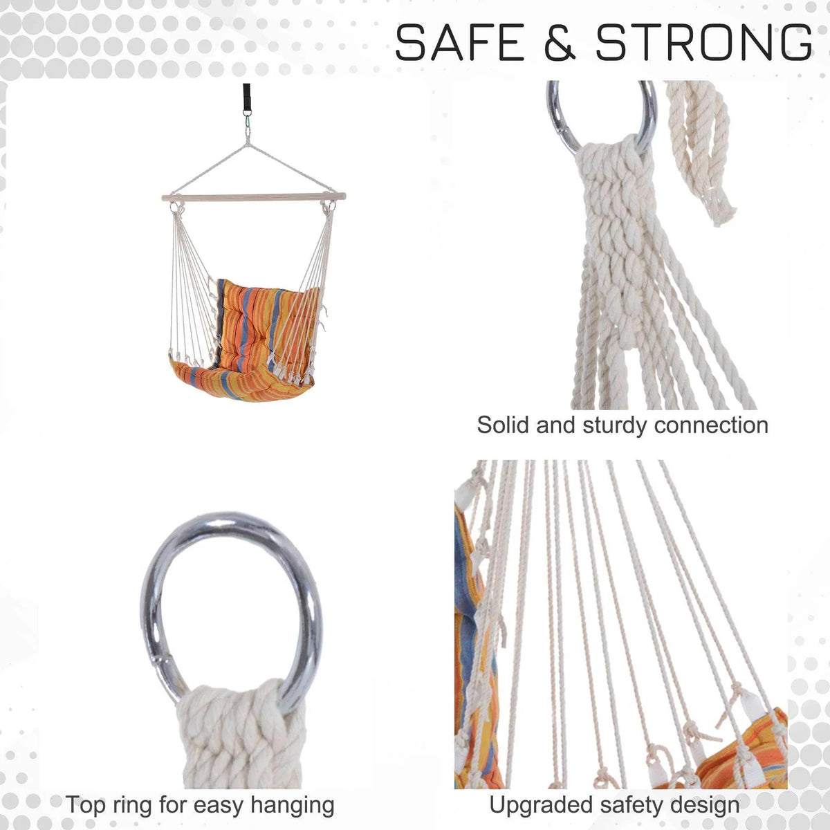 Orange striped hanging hammock chair with safety ring and sturdy rope suspension