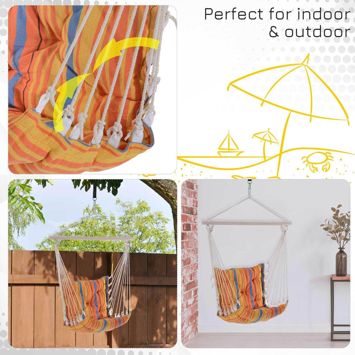 Orange striped hanging hammock chair with fringed ropes, shown in indoor and outdoor setups