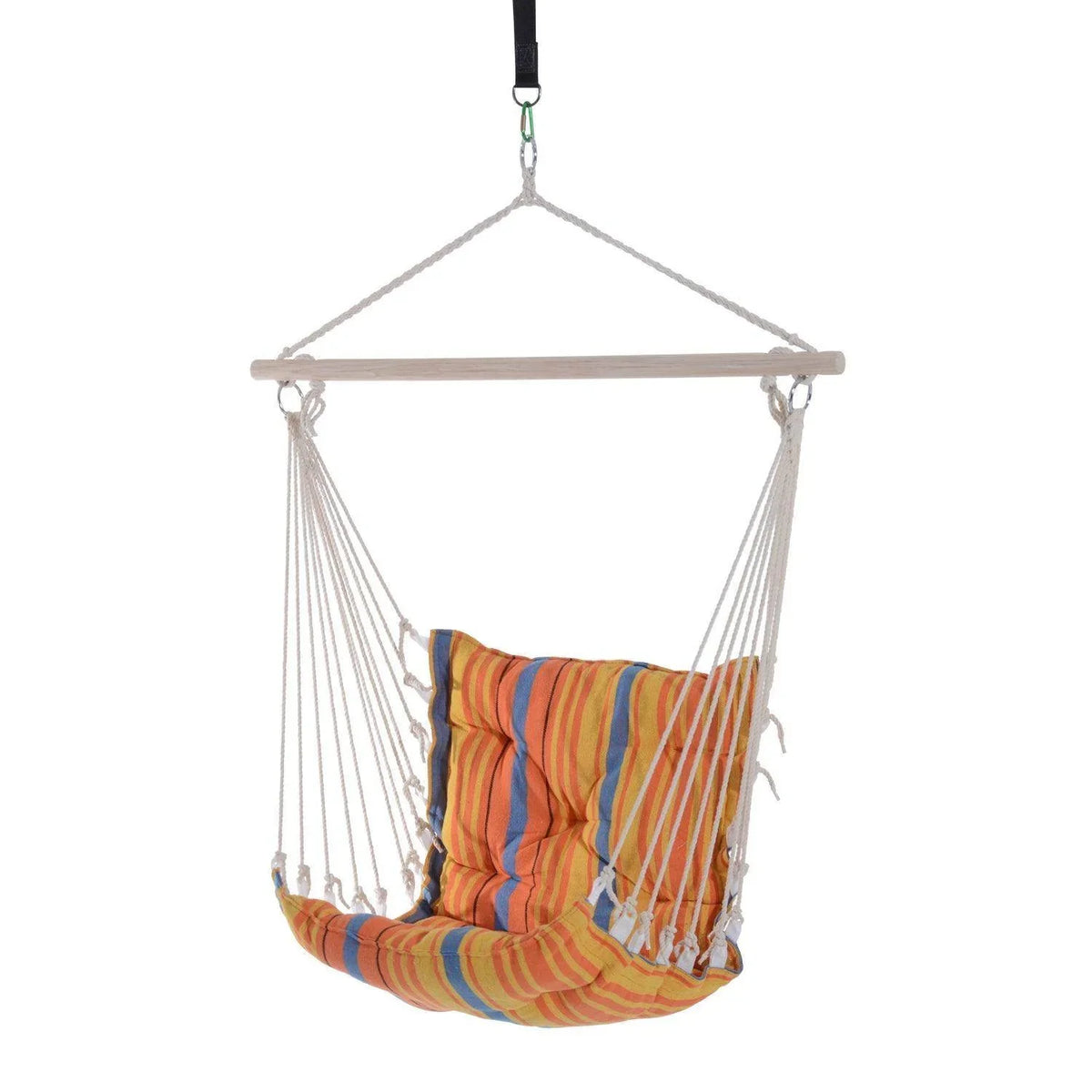 Orange striped hanging hammock chair with wooden spreader bar and rope net