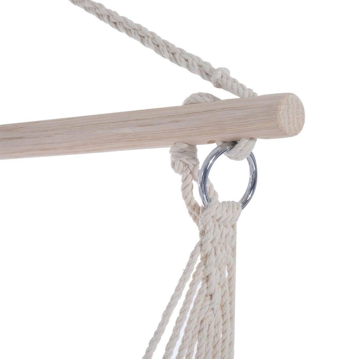 Close-up of rope suspension attachment on a hanging hammock chair bar