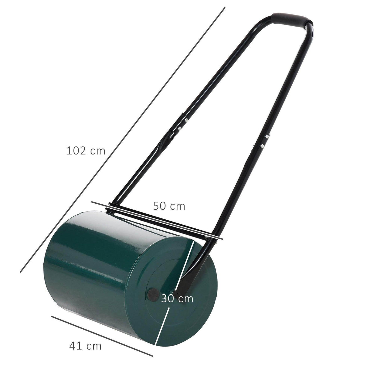 Green lawn roller drum with black U-handle; 30 cm drum, 102 cm total length