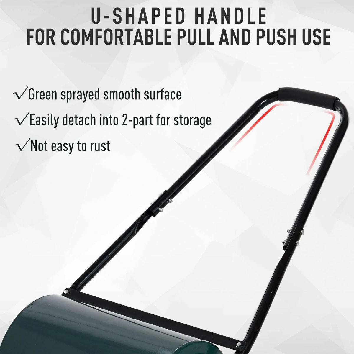 Green lawn roller with black U-shaped handle and curved grip
