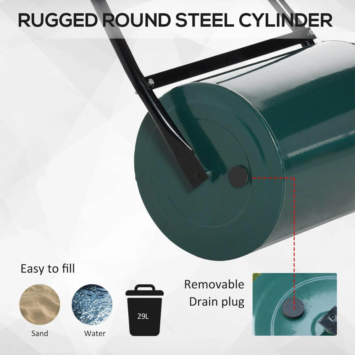 Green round steel lawn roller drum with grooved edge and removable drain plug