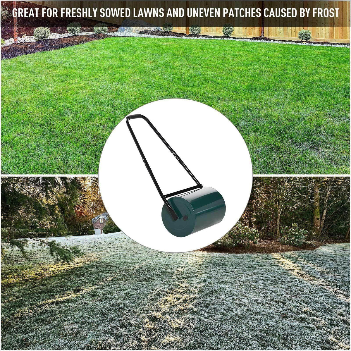 Green lawn roller drum with long handle on grass