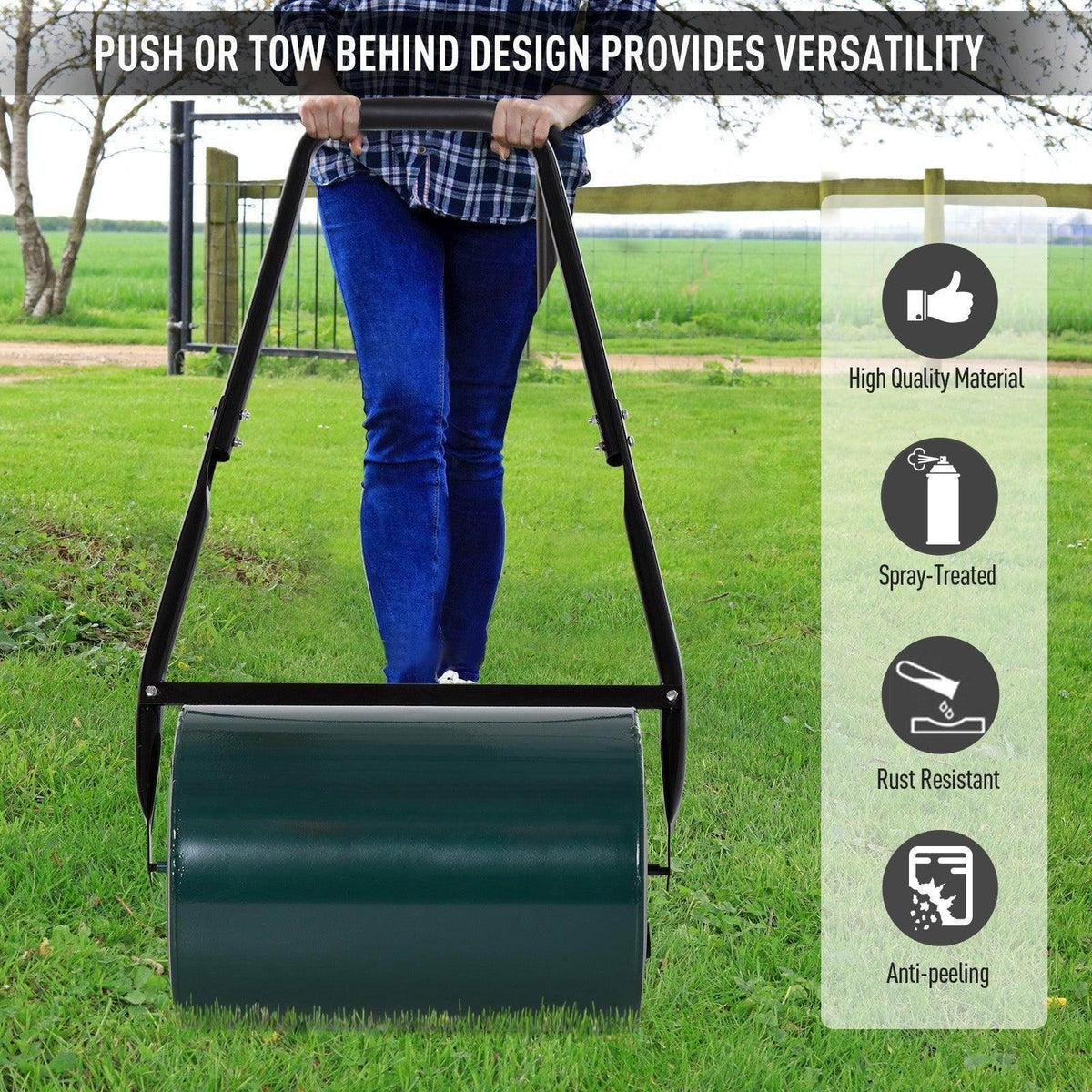 Green lawn roller drum with black frame and side pull handle