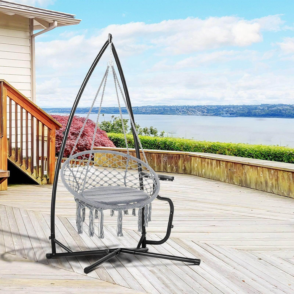 Heavy duty metal C-stand with black frame and hanging chain for hammock chair