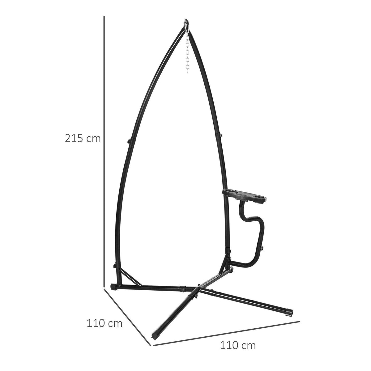 Black metal C-stand with tray and base legs, hanging bracket at top