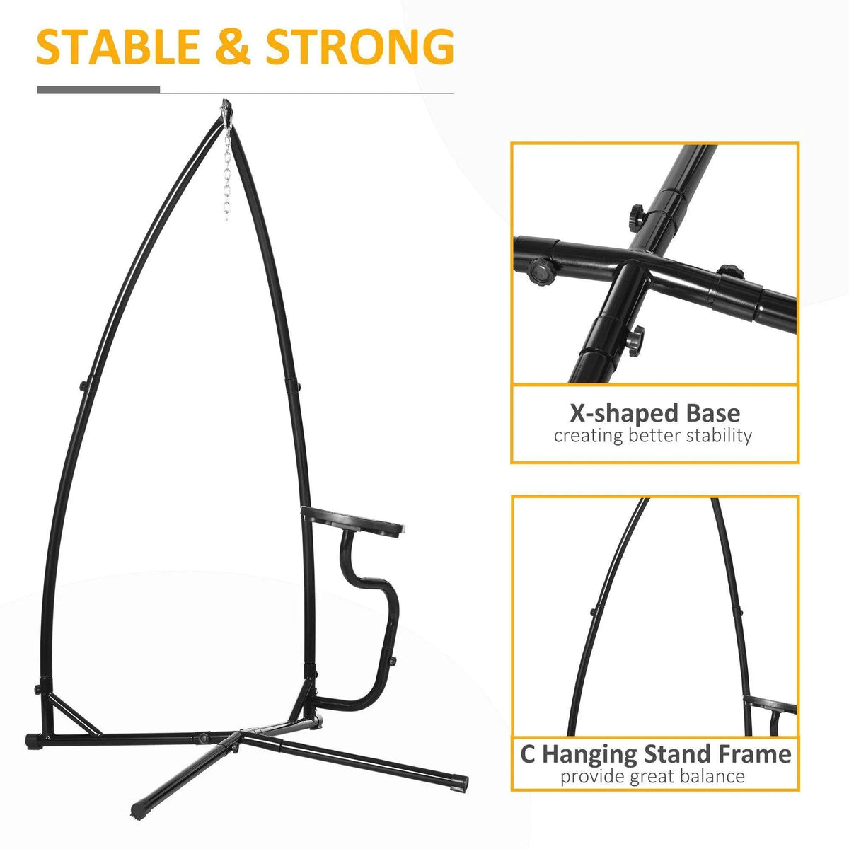 Black metal C-stand frame with X-shaped base and hanging support bracket
