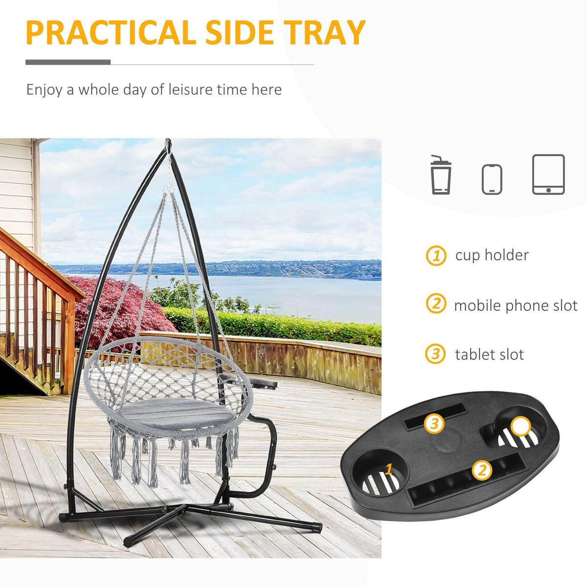 Black C-stand with side tray, cup holder, and phone and tablet slots