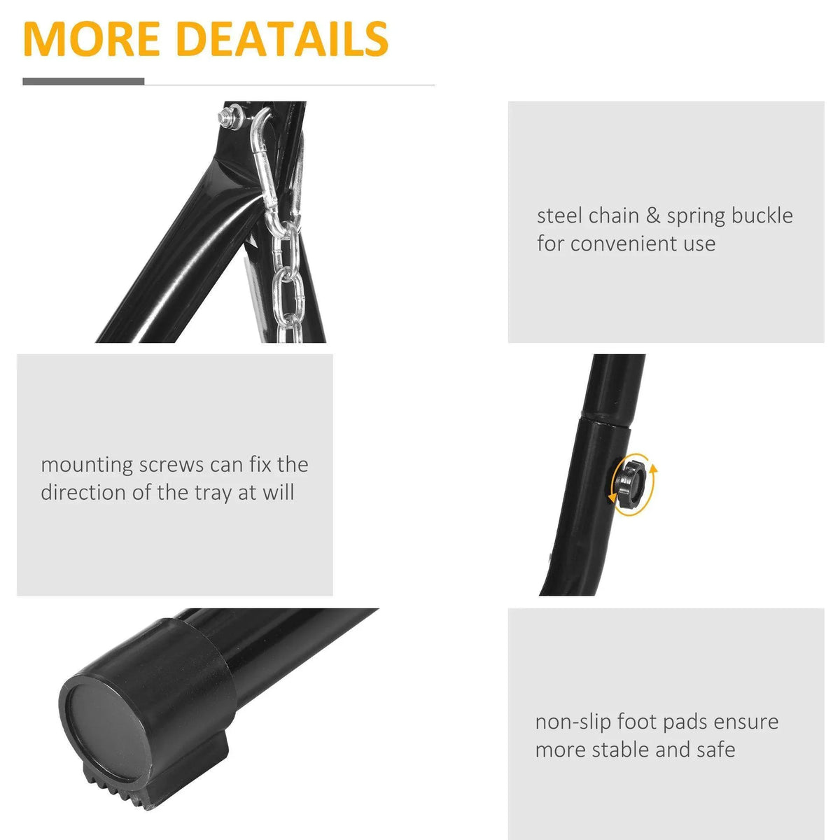 Metal C-stand details: steel chain, spring buckle, and non-slip foot pads