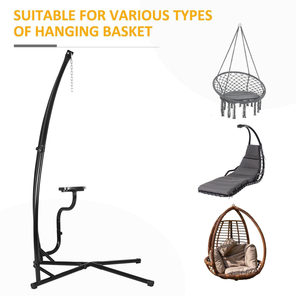 Black metal C-stand for hanging baskets with curved support arm and base