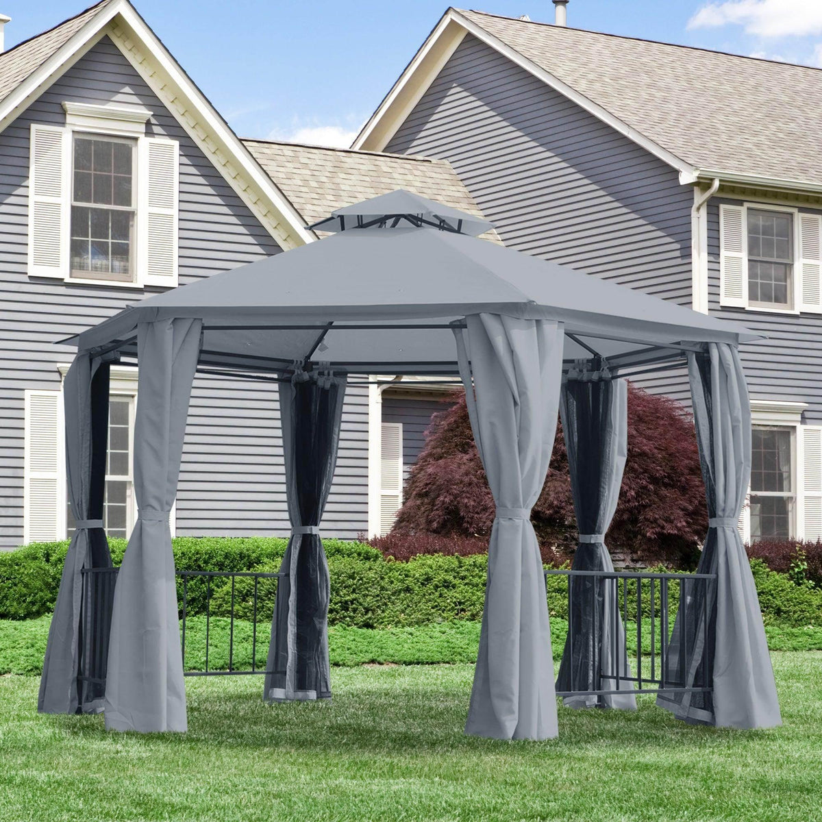 Grey hexagon gazebo canopy tent with attached curtains and side panels