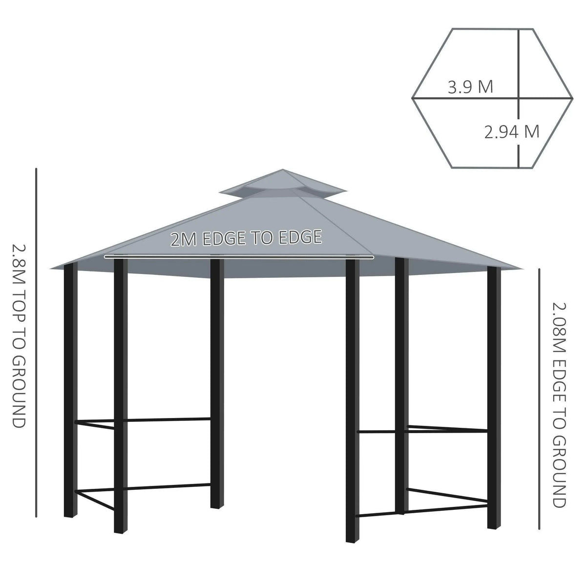 Grey hexagon gazebo canopy tent with black support frame and roof