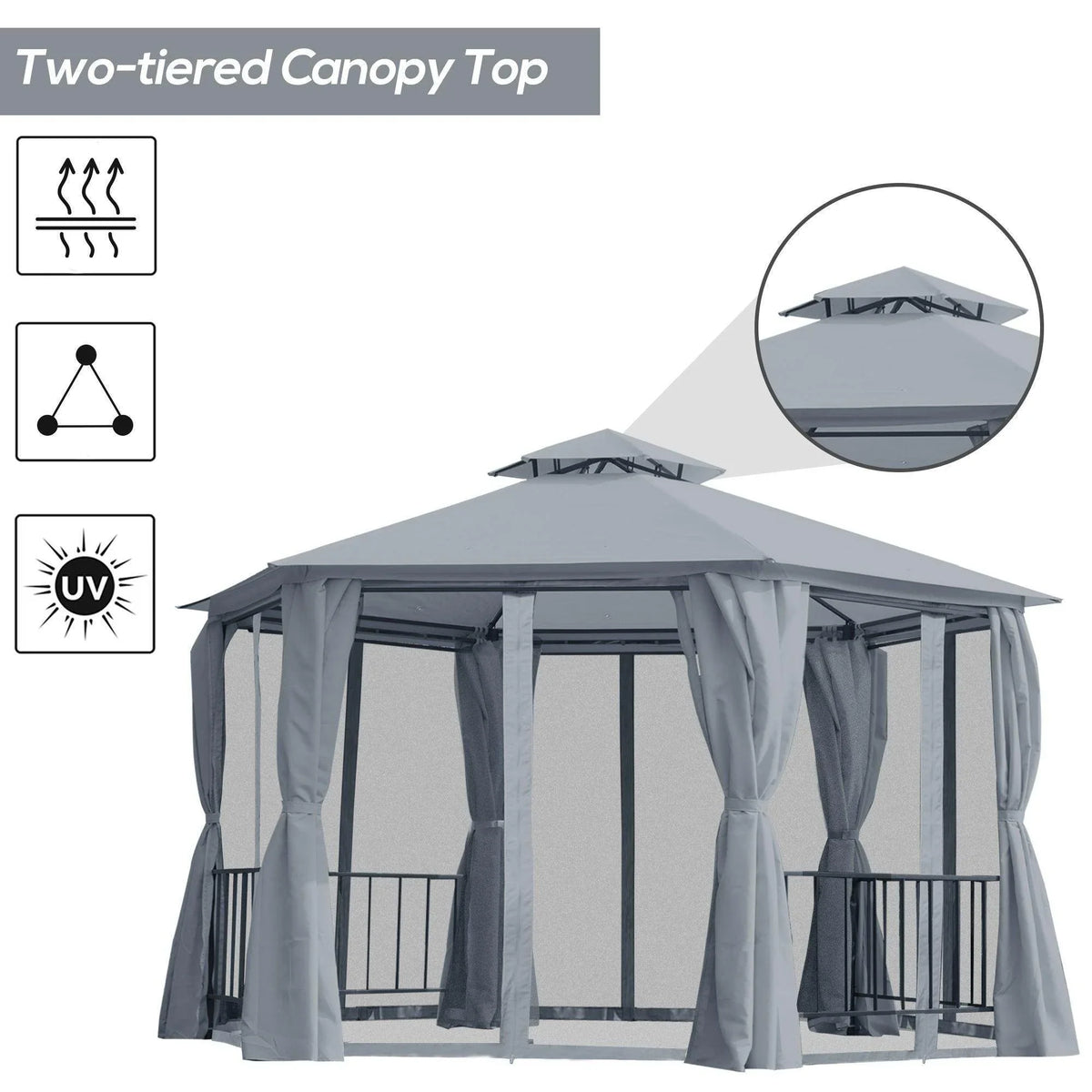Grey two-tier hexagon gazebo canopy tent with curtain sides and roof peak