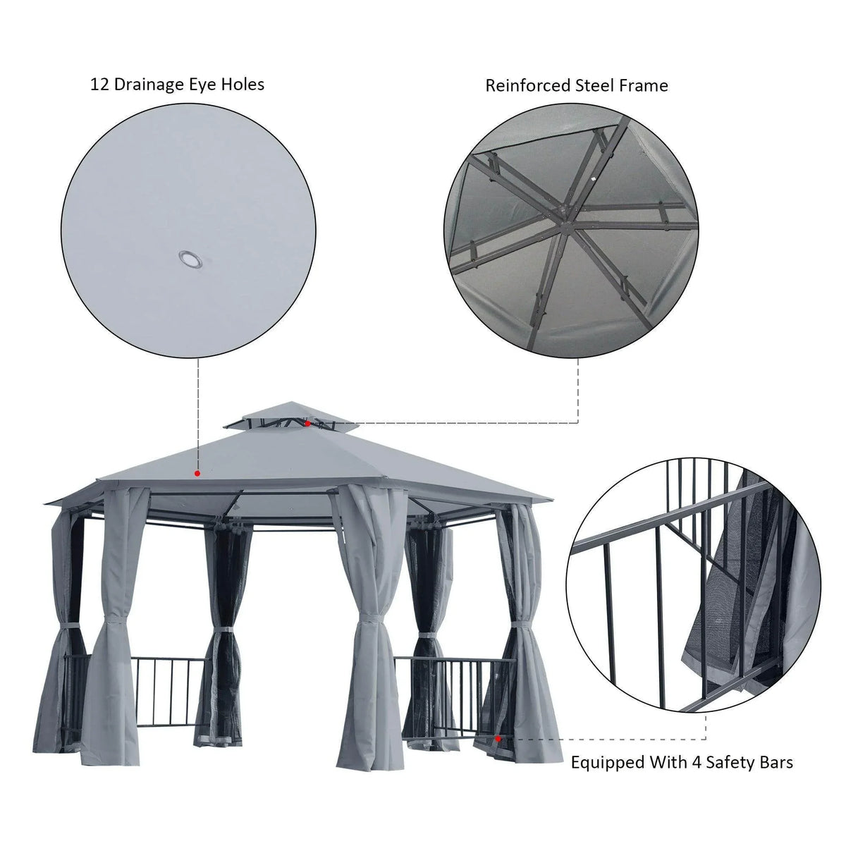 Grey hexagon gazebo canopy tent with reinforced steel frame and drainage eye holes