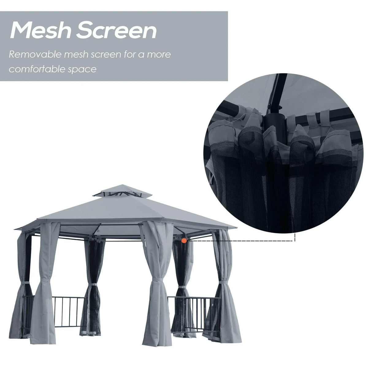 Grey hexagon gazebo canopy tent with removable mesh screen side panels