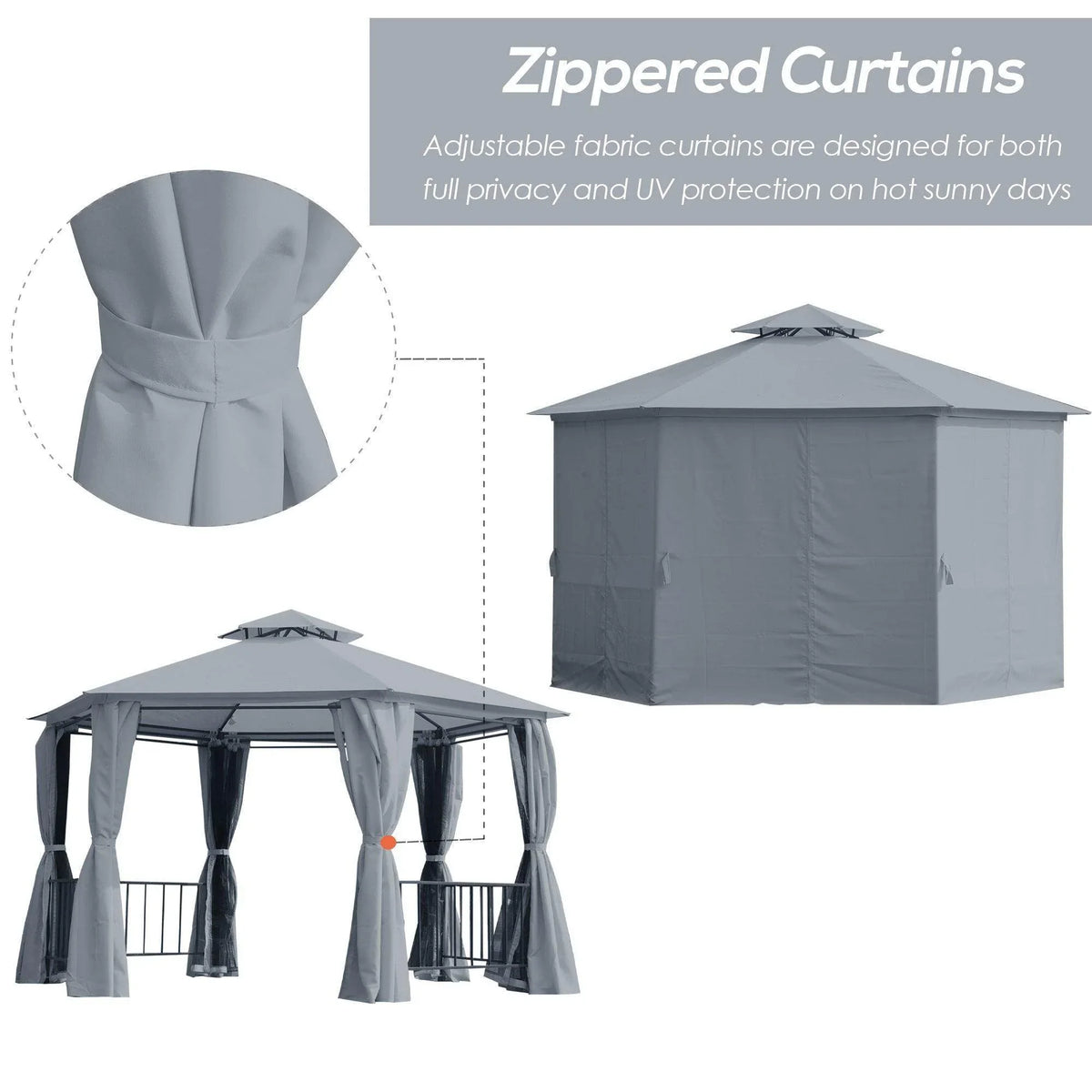 Grey hexagon gazebo canopy tent with zippered, adjustable curtain panels