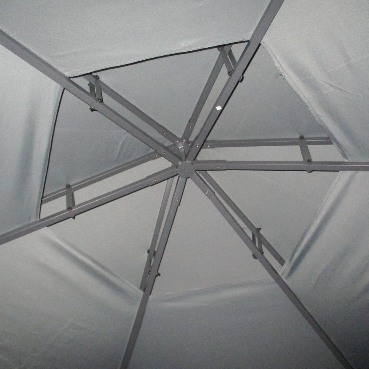 Interior view of grey hexagon gazebo canopy tent frame with support beams
