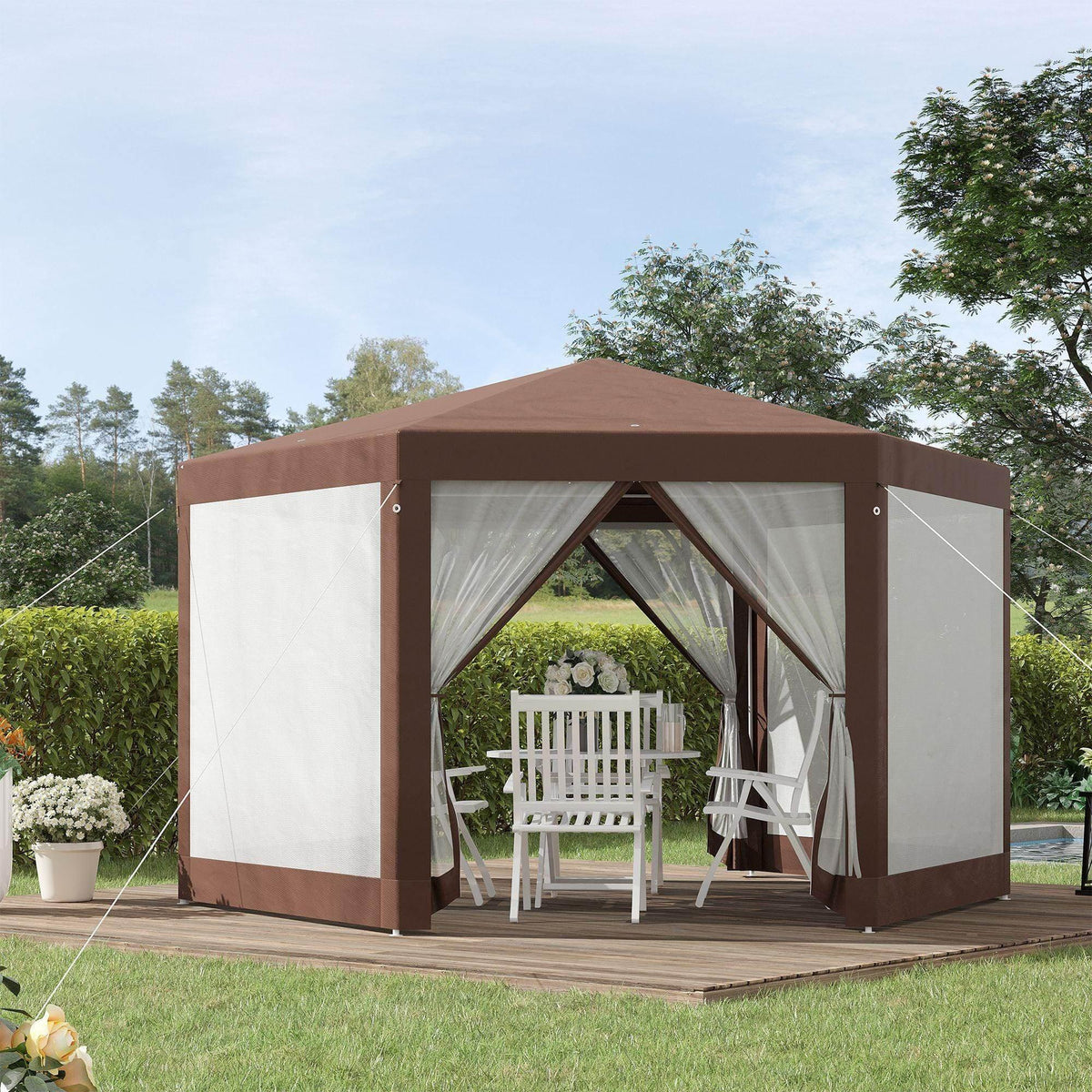 Hexagonal outdoor gazebo with brown frame and white mosquito netting walls, open front