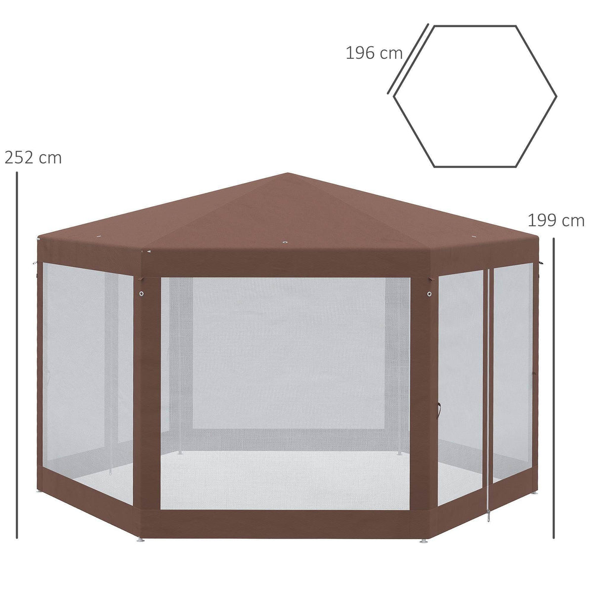 Hexagonal outdoor gazebo with brown metal frame and white mesh side panels, front opening