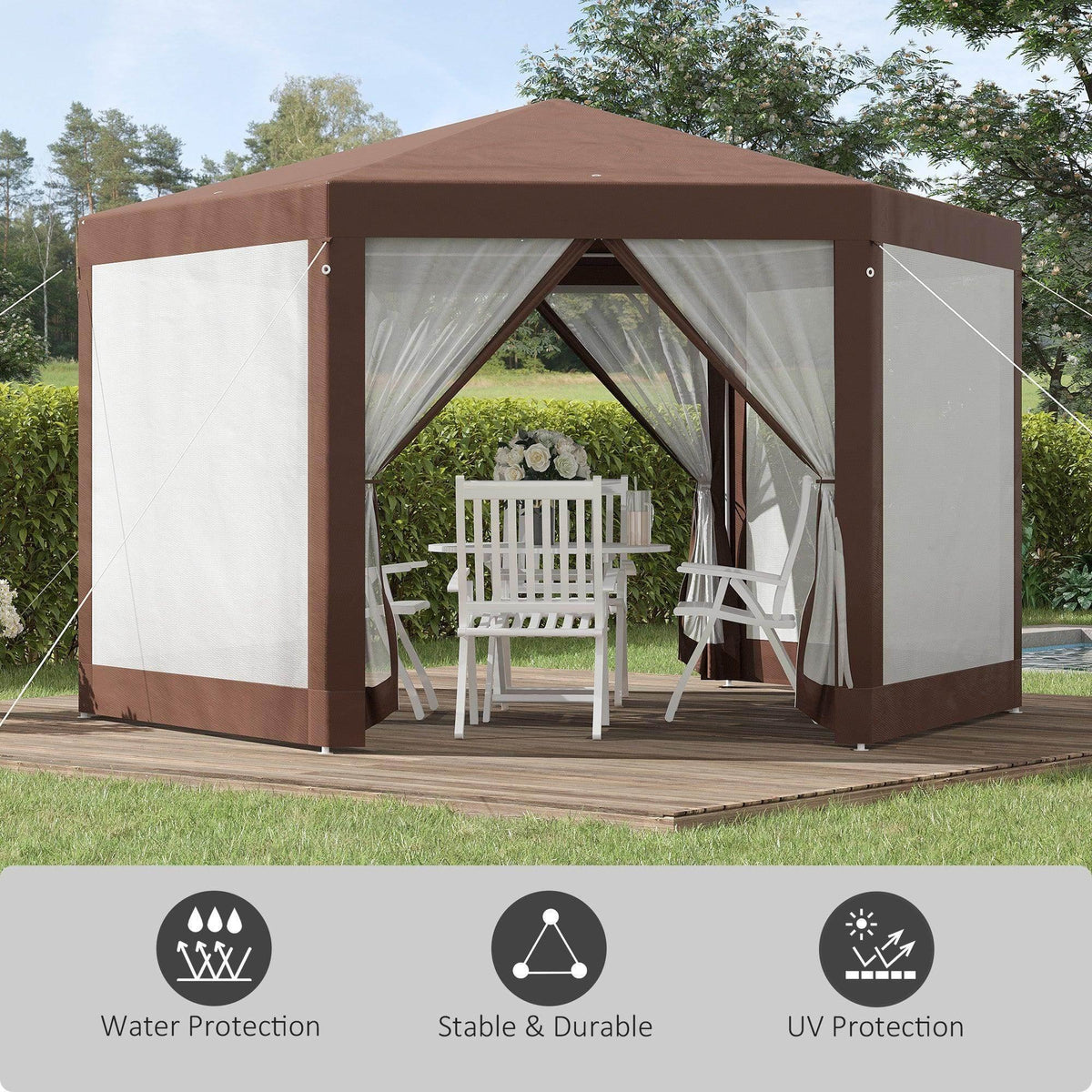 Hexagonal outdoor gazebo with brown frame and white mosquito net curtains, open entrance