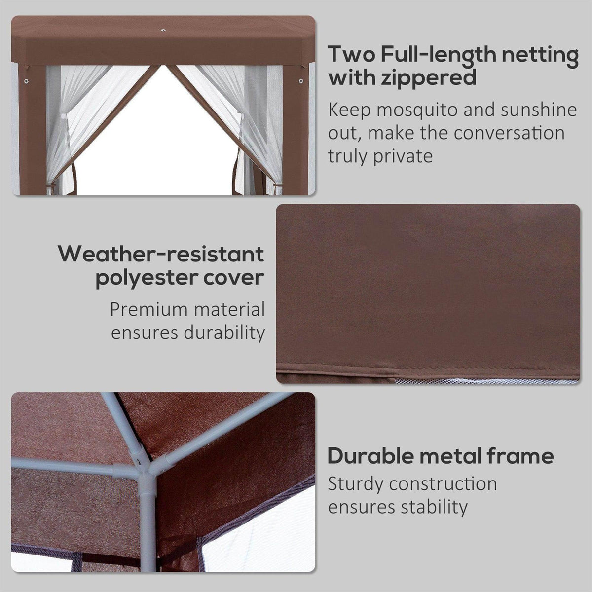 Hexagonal gazebo with brown polyester cover, white mosquito net panels, and metal frame