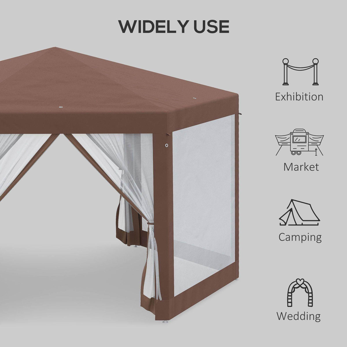 Hexagonal outdoor gazebo with brown roof cover and white mesh curtains, side opening