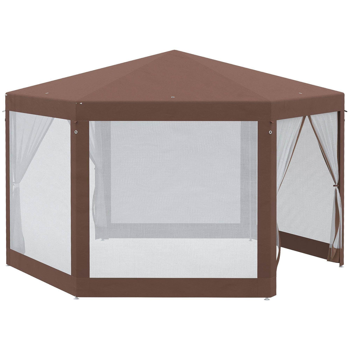 Hexagonal outdoor gazebo with brown frame and white mesh window panels, roof cover