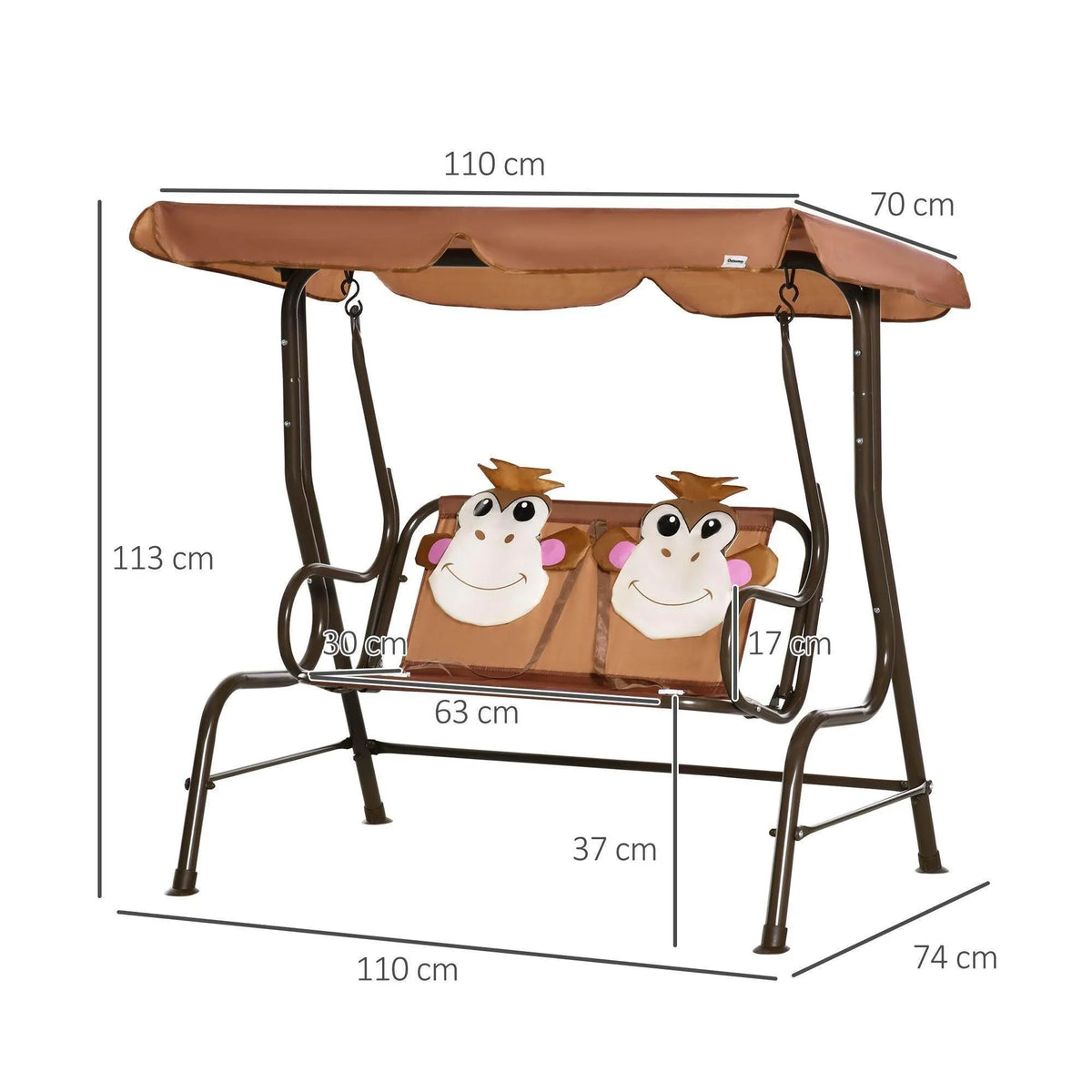 Kids swing chair with tan canopy, metal frame, and two cartoon cow headrest panels