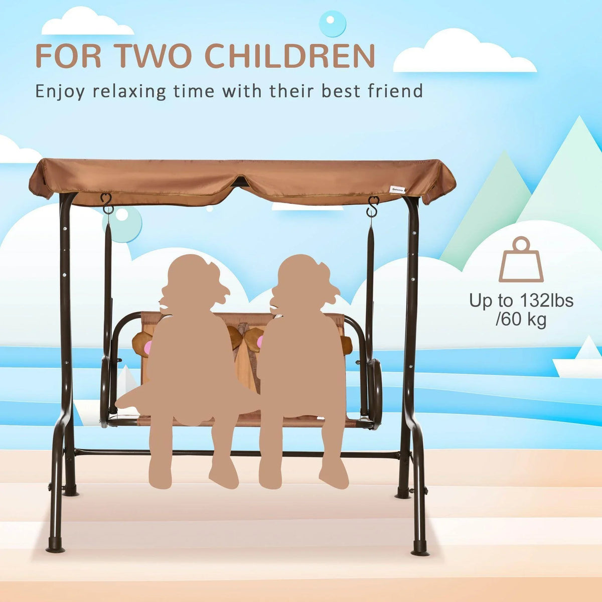 Kids swing chair with tan canopy and cow-themed seat back cushions for two children