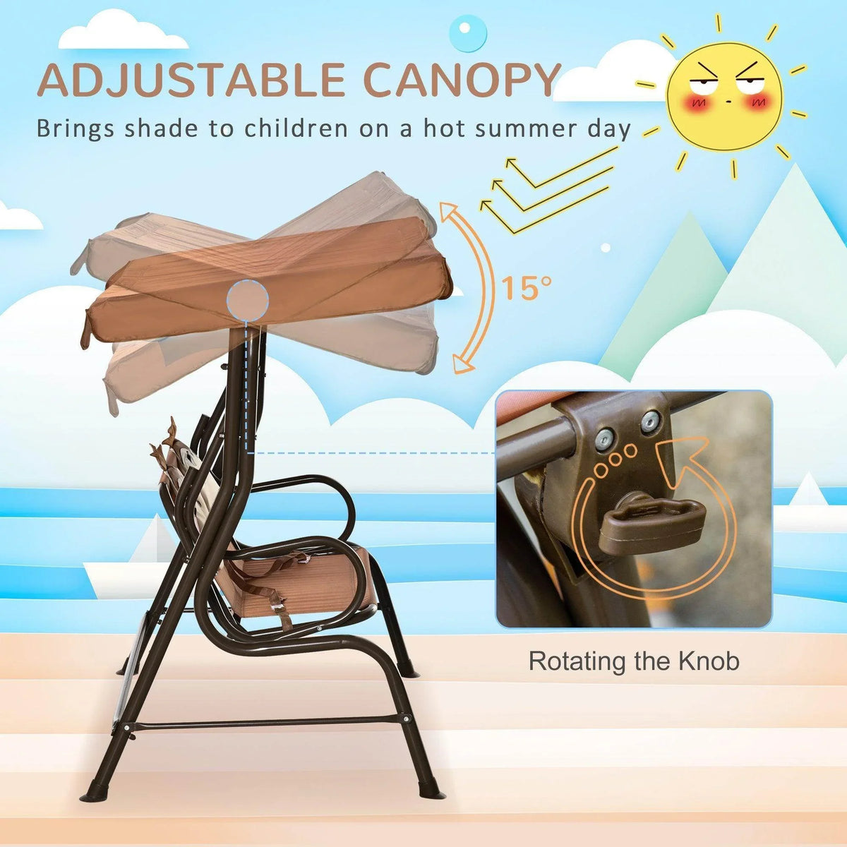 Kids swing chair with adjustable tan canopy showing angled coverage