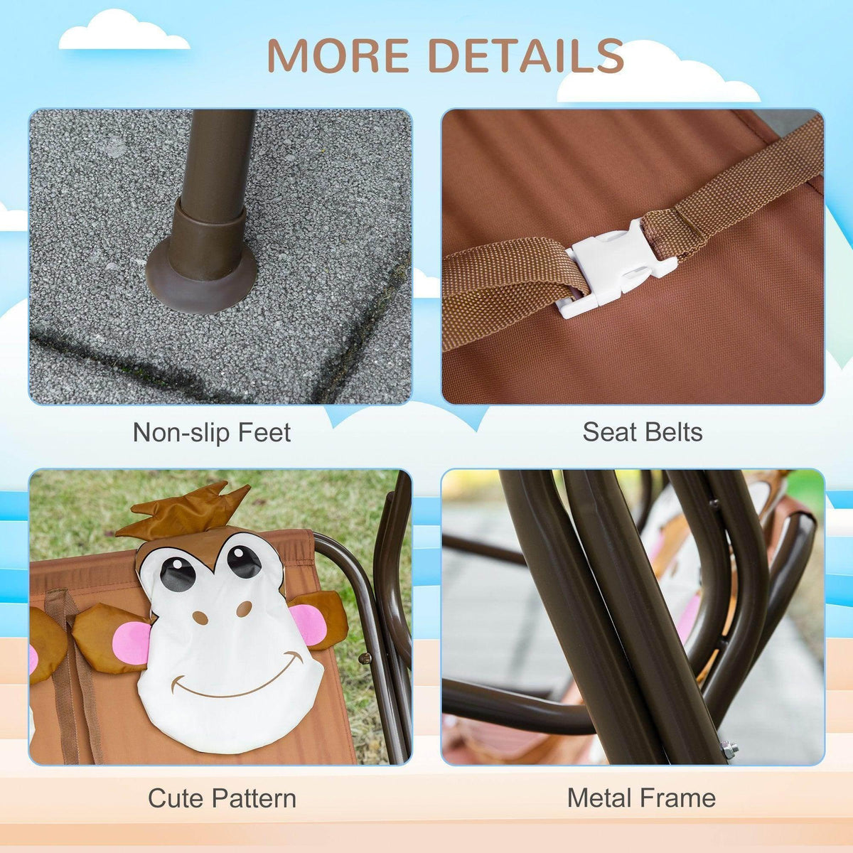 Kids swing chair details: tan seat belts, non-slip feet, cow pattern cushions, metal frame