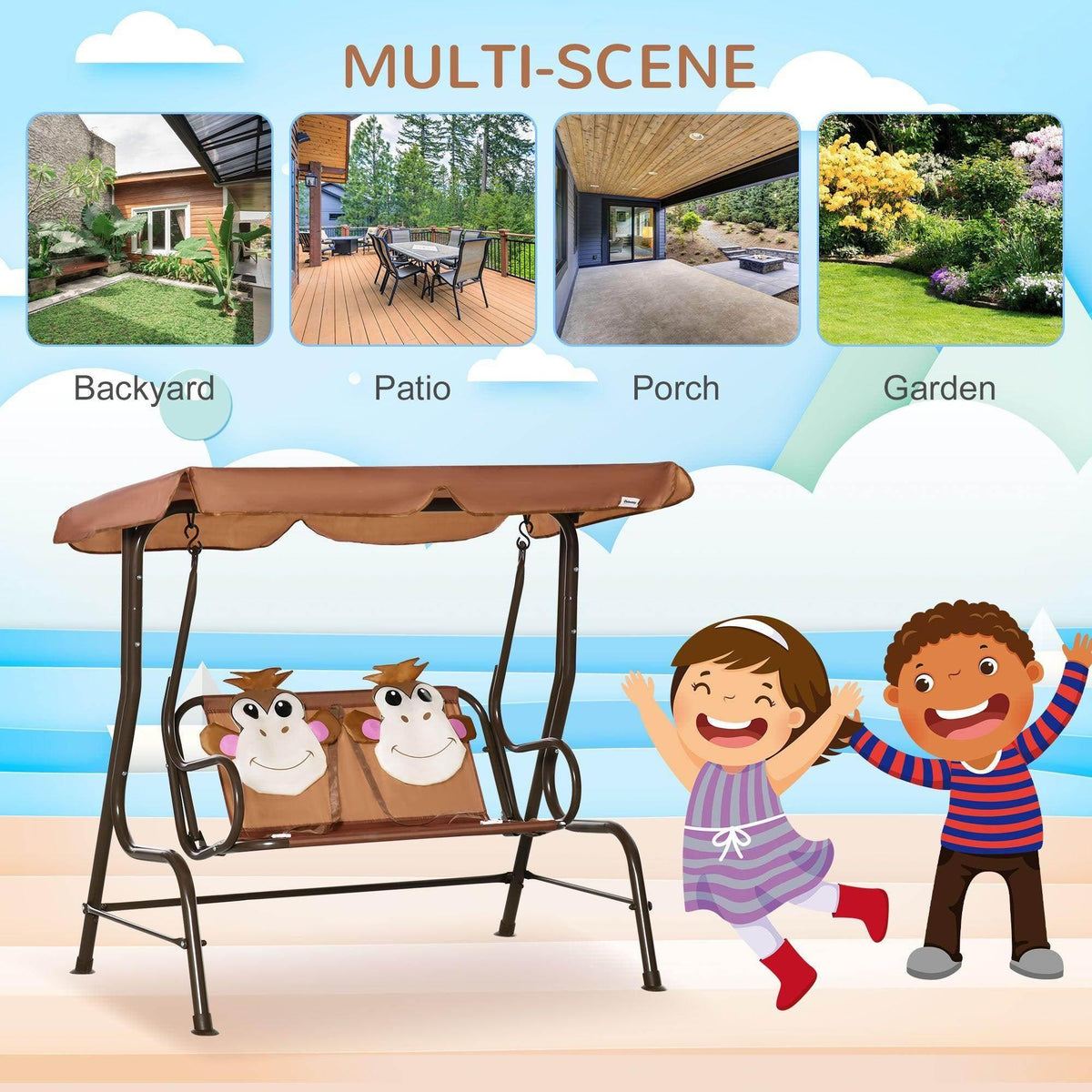 Kids swing chair with tan canopy and cow seat back cushions, shown with two children