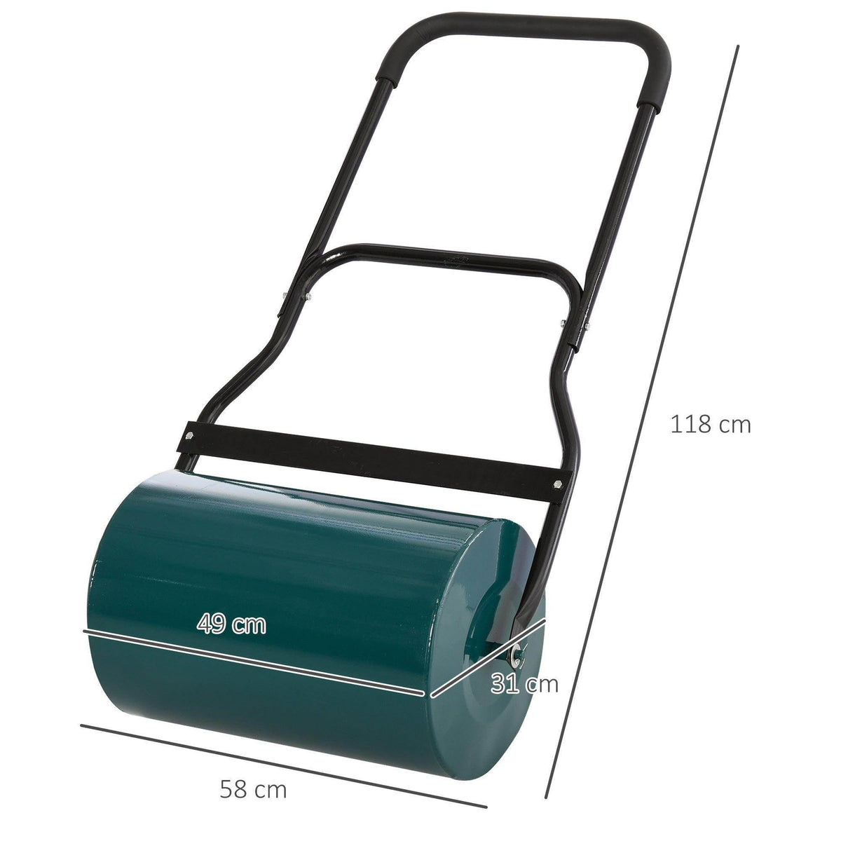 Teal lawn roller drum with black U-shaped handle and scraper bar