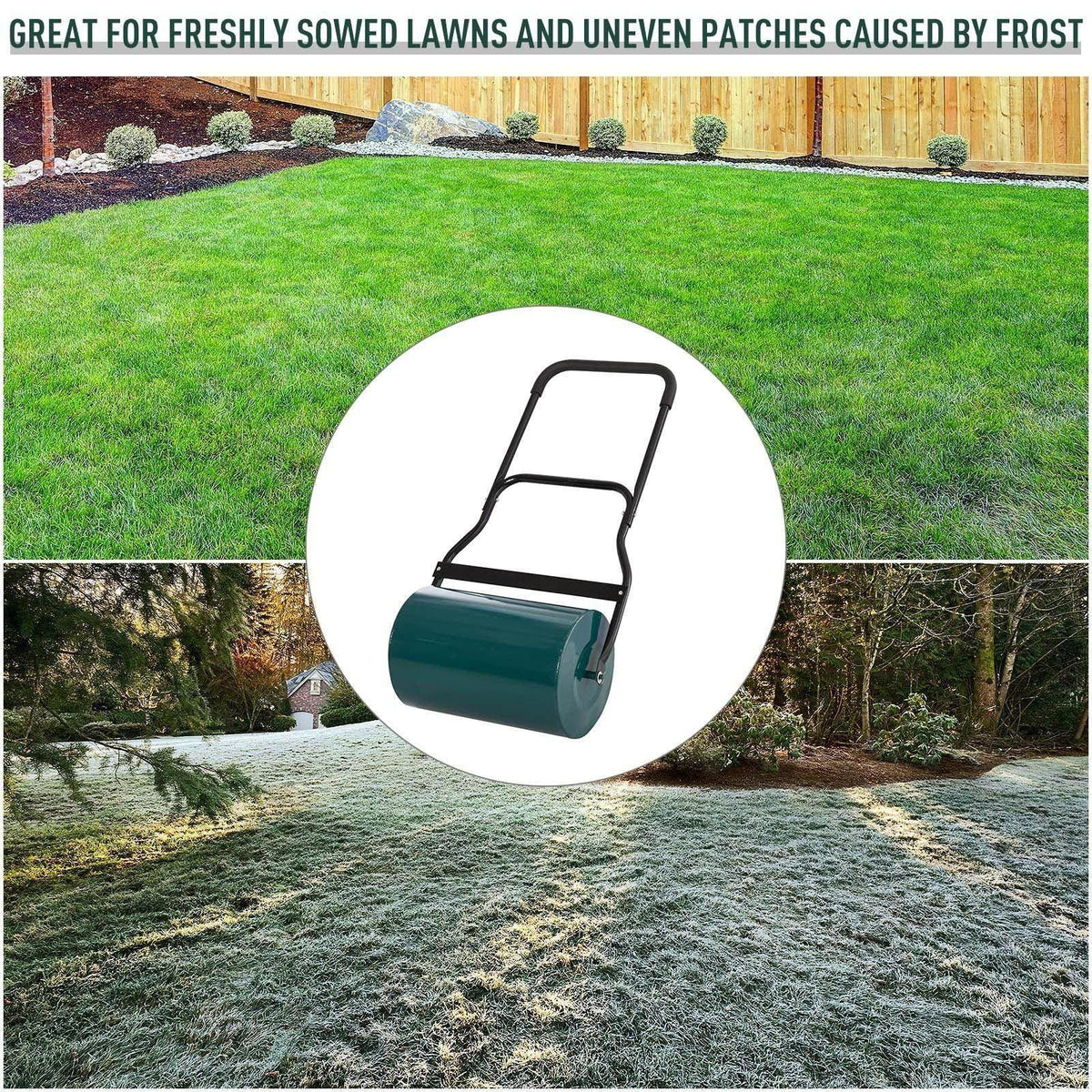 Teal lawn roller with black handle for leveling freshly seeded grass