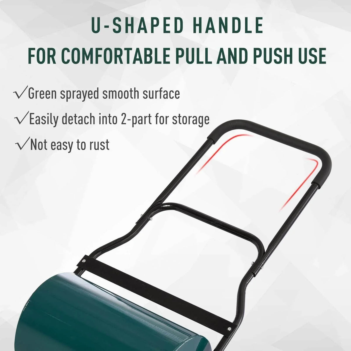 Teal lawn roller drum with black U-shaped handle for comfortable push and pull