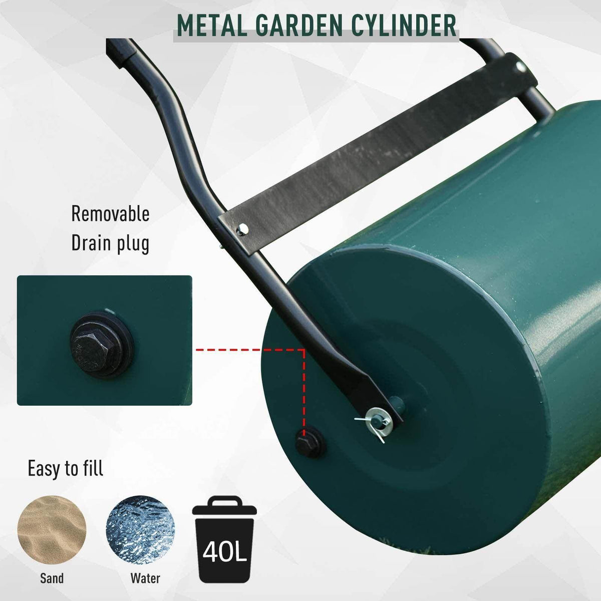 Teal metal lawn roller drum with removable drain plug and scraper bar
