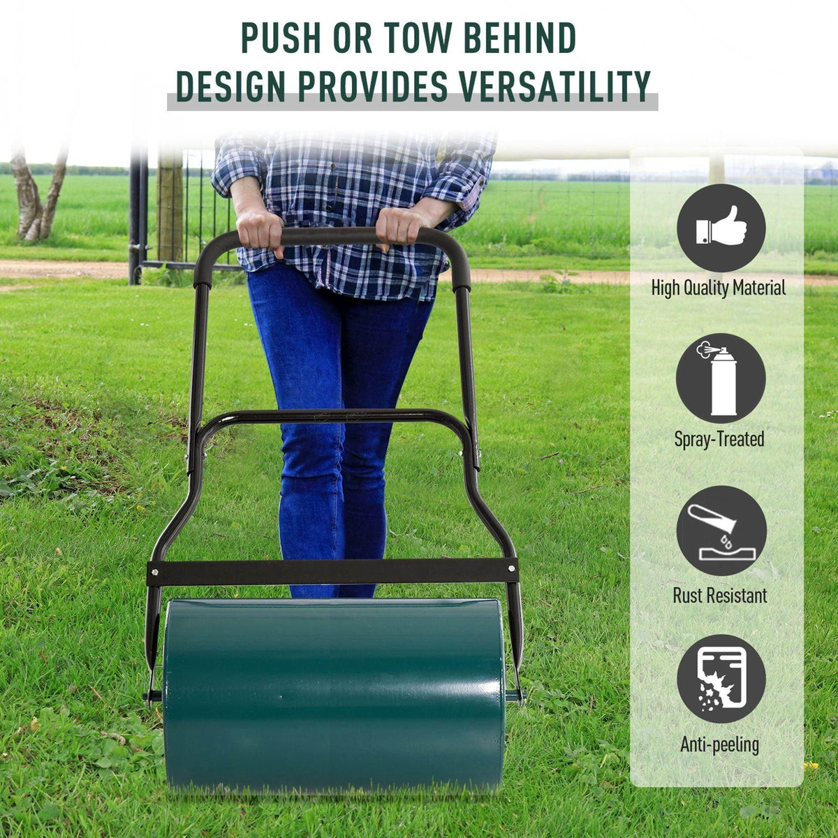 Teal lawn roller drum with push frame and black handle for yard rolling