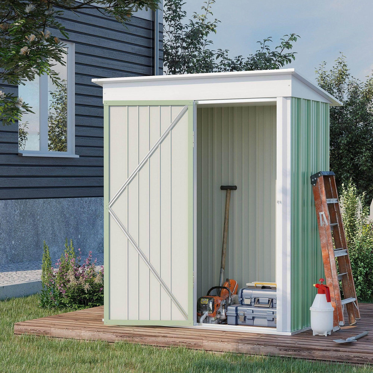 Green and white lean-to metal garden shed with hinged door open, shown from front-left
