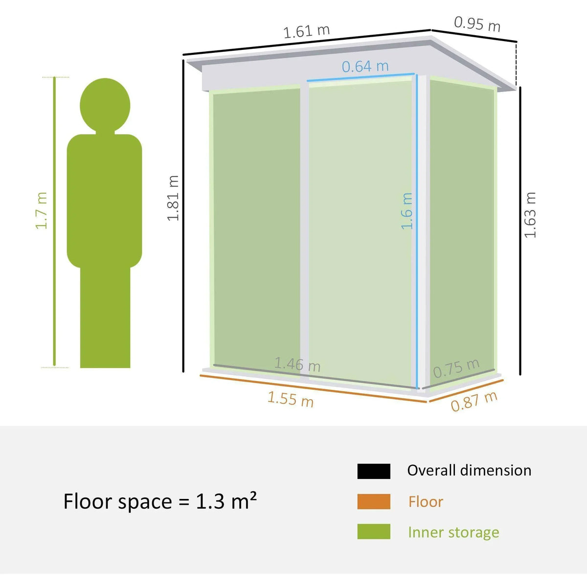 Green lean-to metal shed diagram with dimensions and floor space measurements