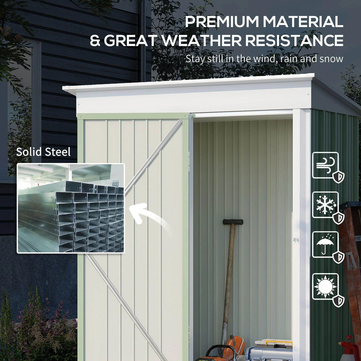 Green and white lean-to metal garden shed with open front door on steel frame