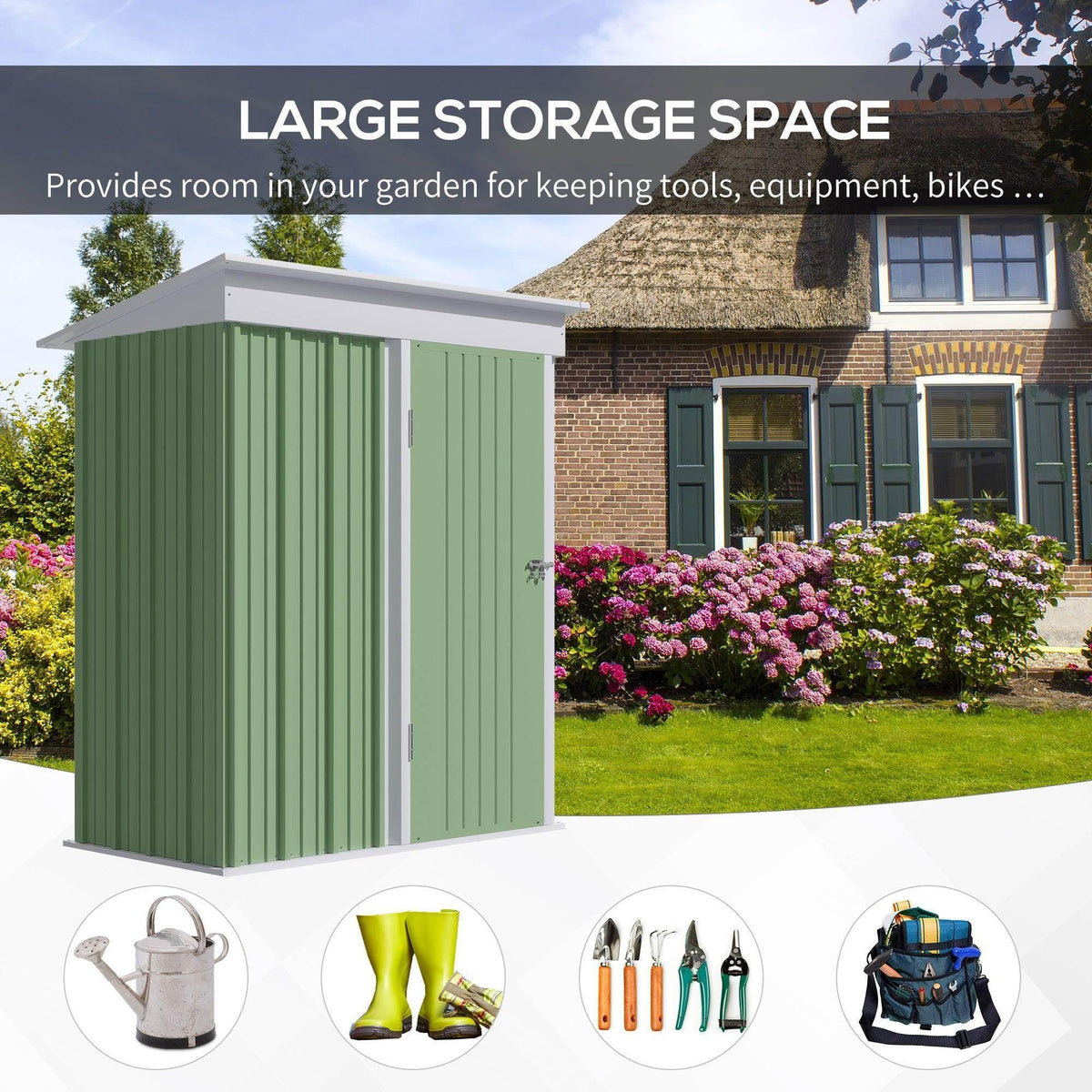 Green and white lean-to metal garden shed with wide double doors, front view
