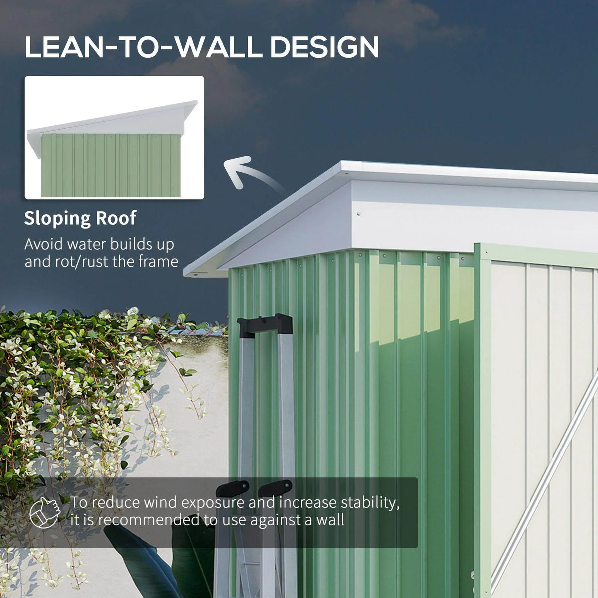 Green and white lean-to metal shed showing sloping roof for wall-mount design