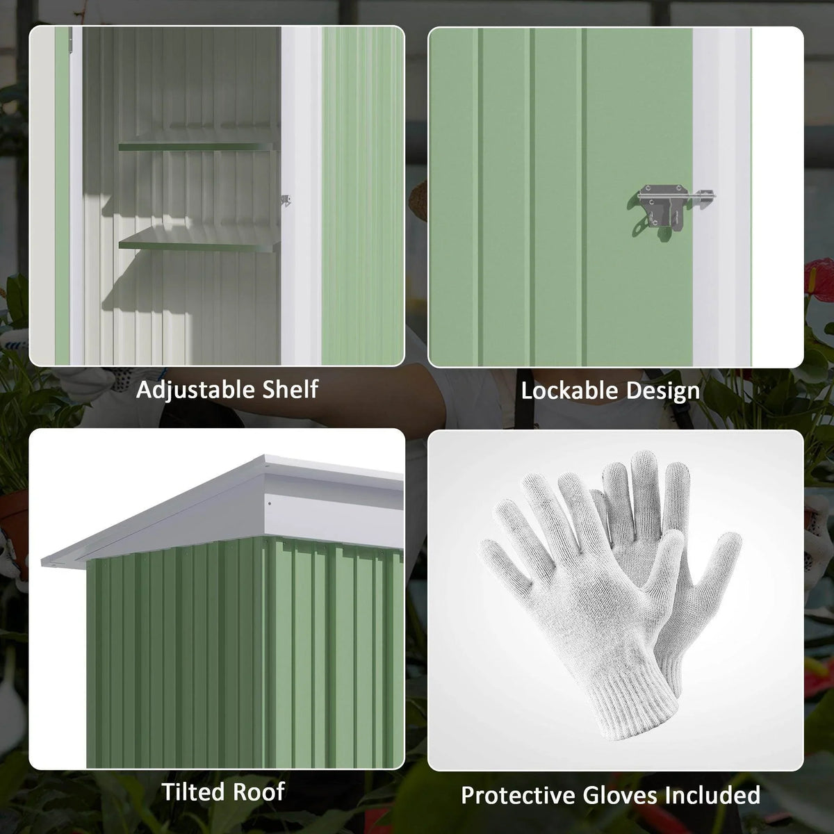 Green and white lean-to metal shed features: adjustable shelf, lockable door, gloves