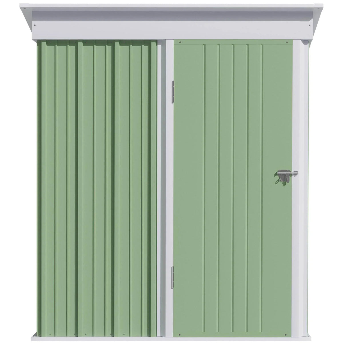 Green and white lean-to metal garden shed front with double door panels closed