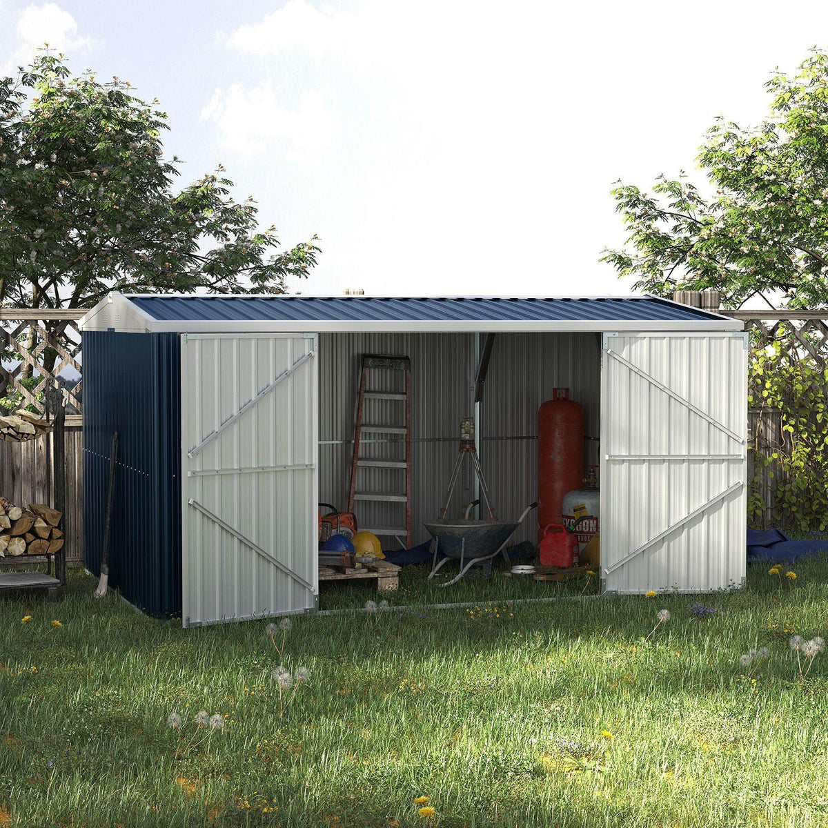 Grey metal outdoor tool shed with open double doors and visible interior storage